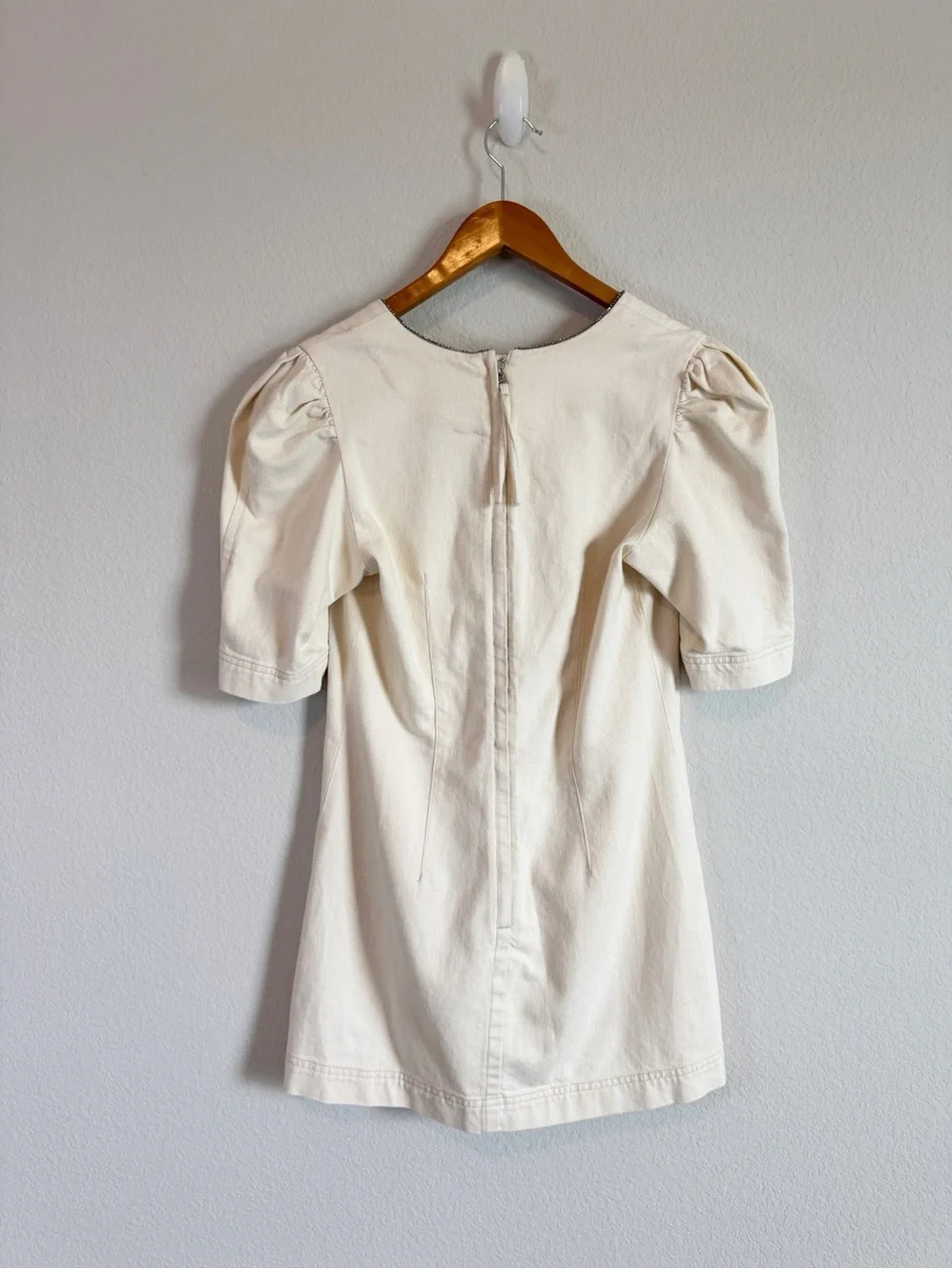Something Navy Beige Spencer Denim Embellished Puff Sleeve Mini Dress Size M - Picture 8 of 10